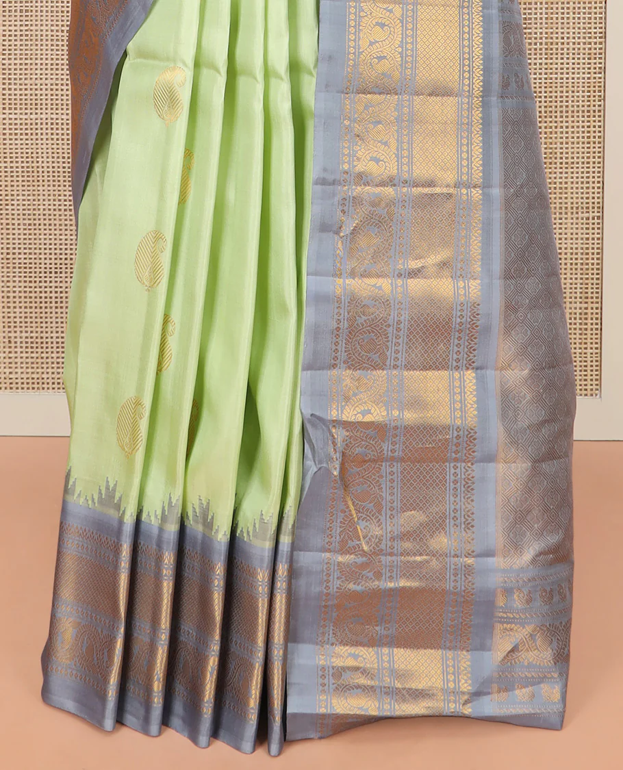 Pista Green Gadwal Saree Woven with Zari Paisley Buttas, a Contrast Temple Traditional Zari Design Border, Pallu of Jaal Design, and a Contrast Blouse with Zari Designs - Image 4