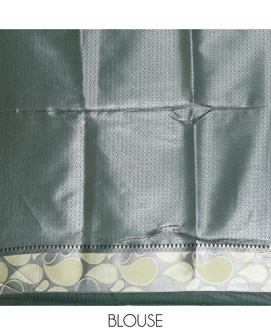 Pista green jacquard kanchi silk saree, contrast border, and pallu steeped with paisley motifs with contrast zari design blouse - Image 4