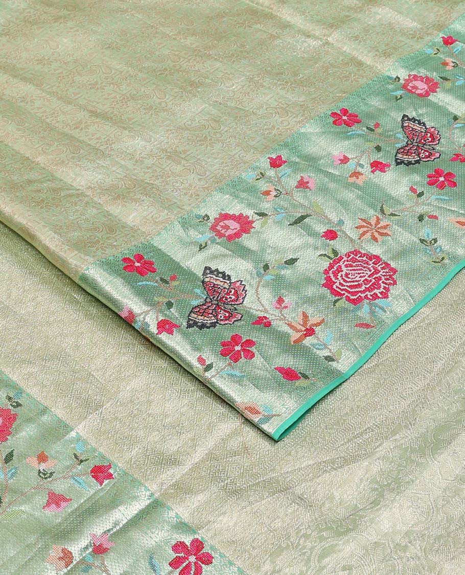 Pista green jacquard Kanchipuram silk saree, contrast traditional zari with meenakari floral vine, and butterflies embroidered border, and jaal pallu - Image 2