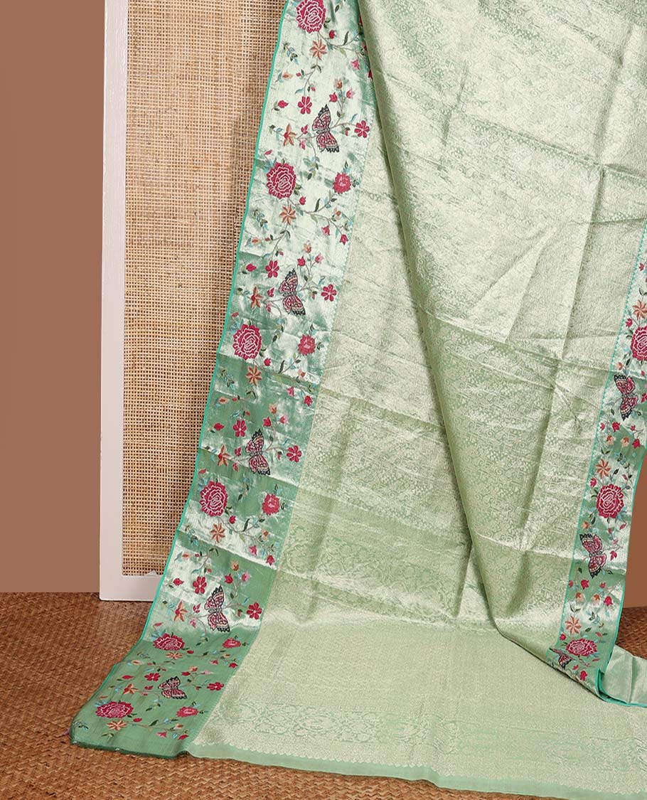Pista green jacquard Kanchipuram silk saree, contrast traditional zari with meenakari floral vine, and butterflies embroidered border, and jaal pallu - Image 3