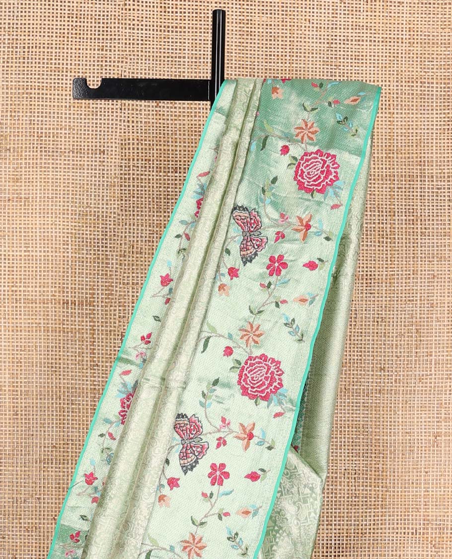 Pista green jacquard Kanchipuram silk saree, contrast traditional zari with meenakari floral vine, and butterflies embroidered border, and jaal pallu - Image 4
