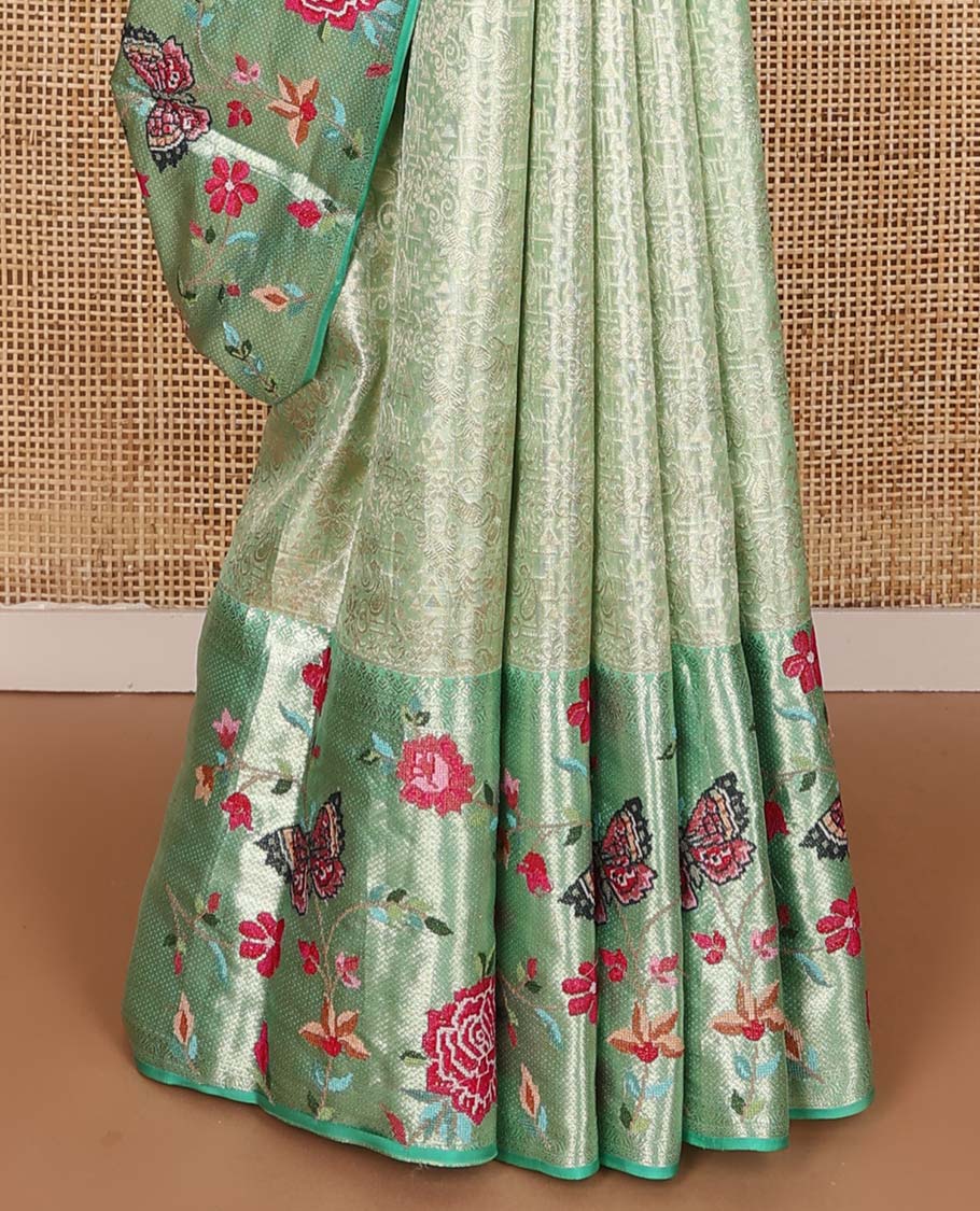 Pista green jacquard Kanchipuram silk saree, contrast traditional zari with meenakari floral vine, and butterflies embroidered border, and jaal pallu - Image 5