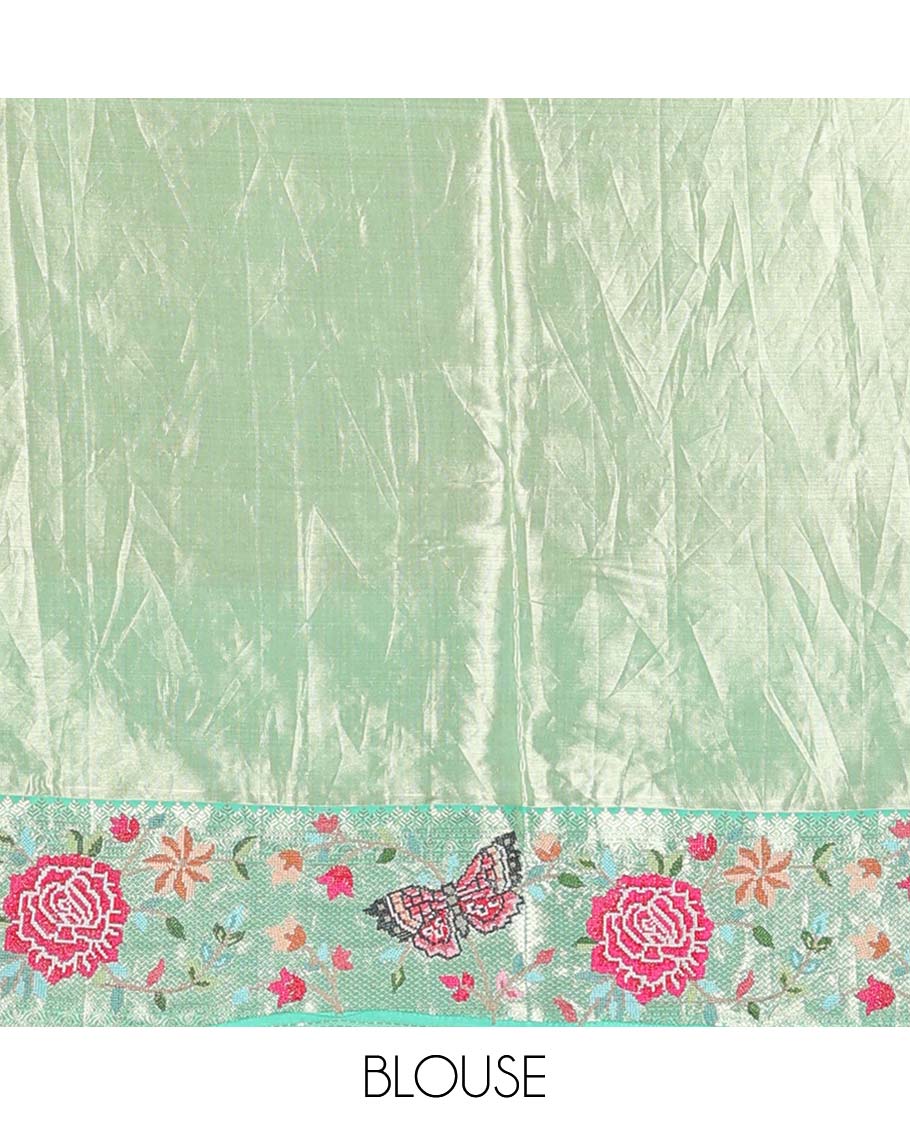 Pista green jacquard Kanchipuram silk saree, contrast traditional zari with meenakari floral vine, and butterflies embroidered border, and jaal pallu - Image 6