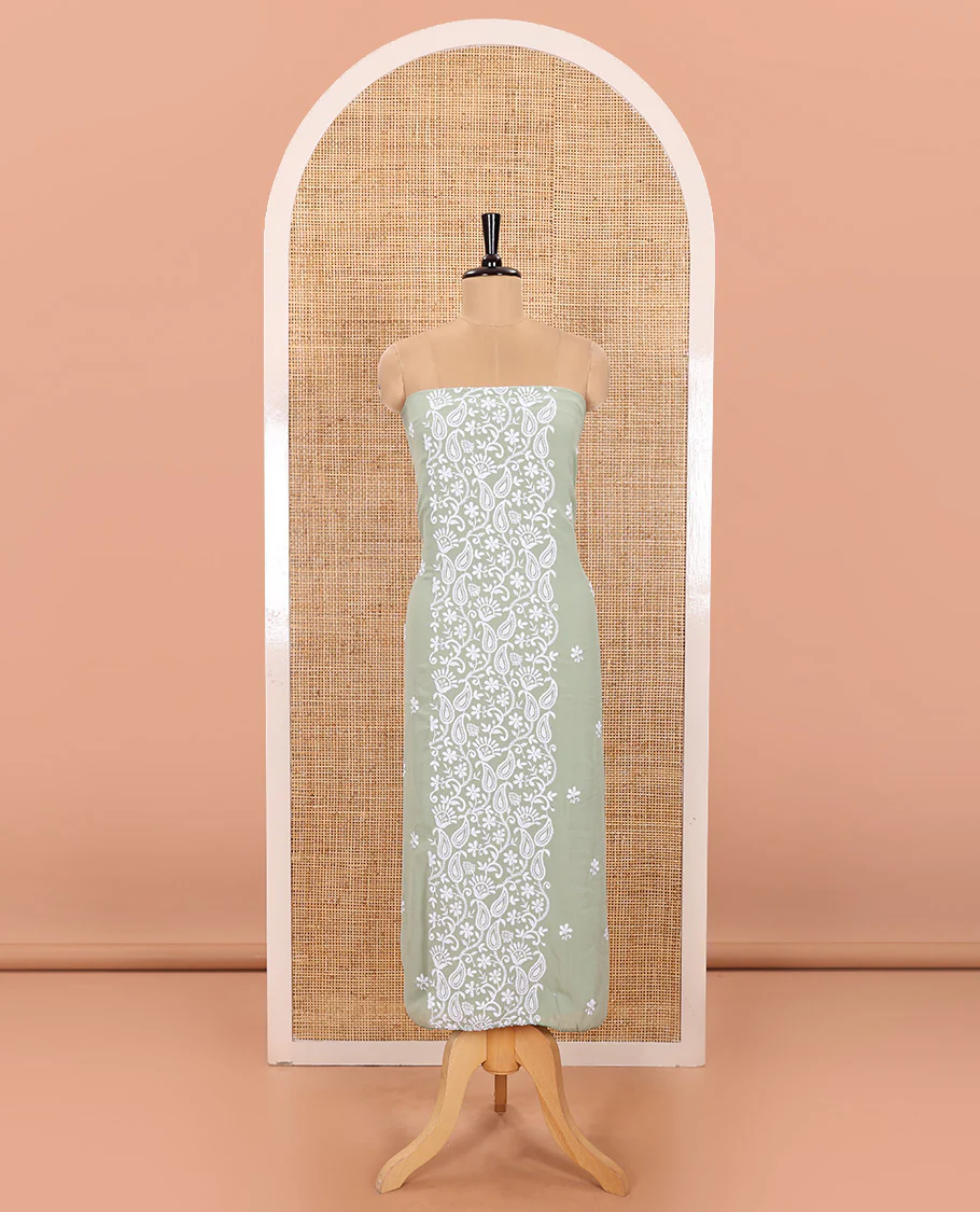 Pista Green Material Chudidar Set Featuring Chikankari-Style Paisley Vine Design, Thread-Embroidered Georgette Top, Subtly Made Plain Santoon Material Bottom, and a Floral Motifs-Embroidered Georgette Scallop-Bordered Dupatta - Image 3