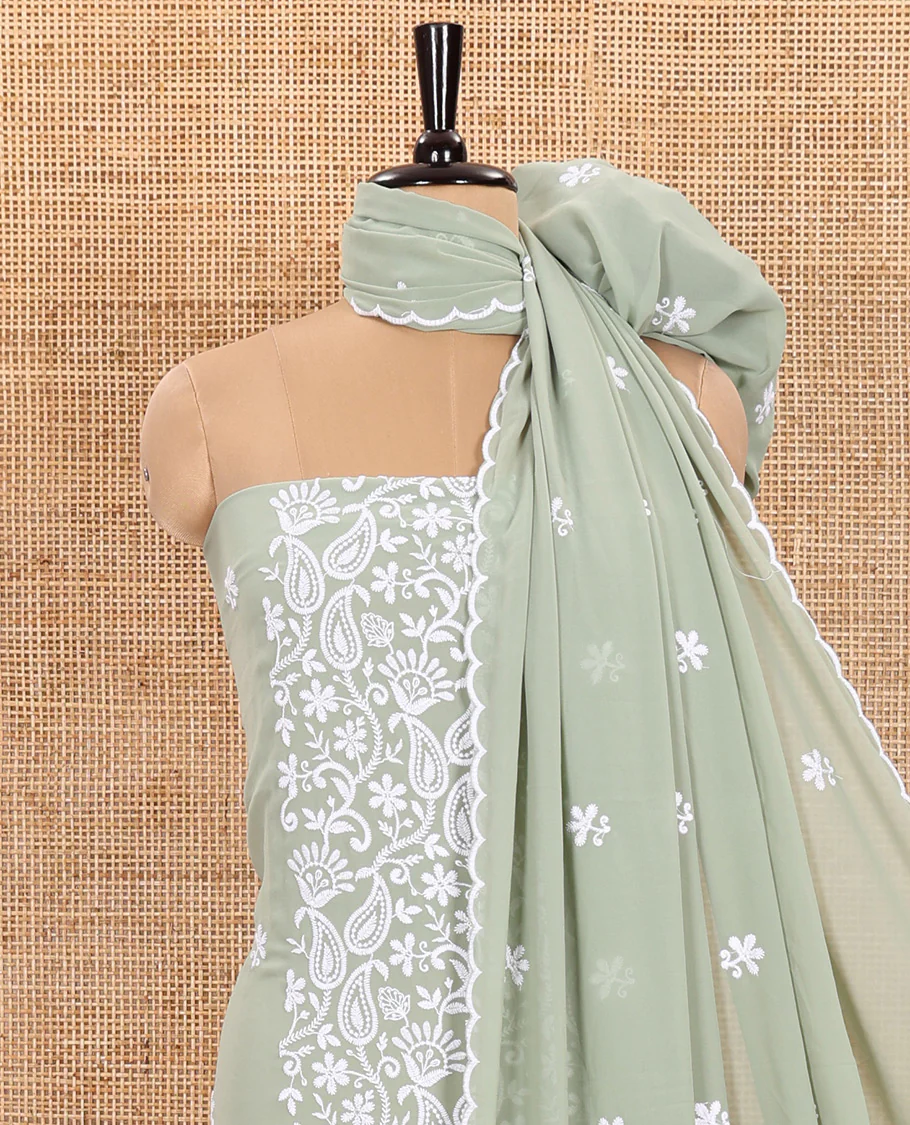 Pista Green Material Chudidar Set Featuring Chikankari-Style Paisley Vine Design, Thread-Embroidered Georgette Top, Subtly Made Plain Santoon Material Bottom, and a Floral Motifs-Embroidered Georgette Scallop-Bordered Dupatta - Image 4
