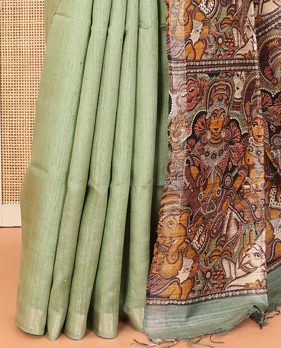 Pista green plain dupion saree, zari border, and contrast pallu of god and goddess figurines print - Image 3