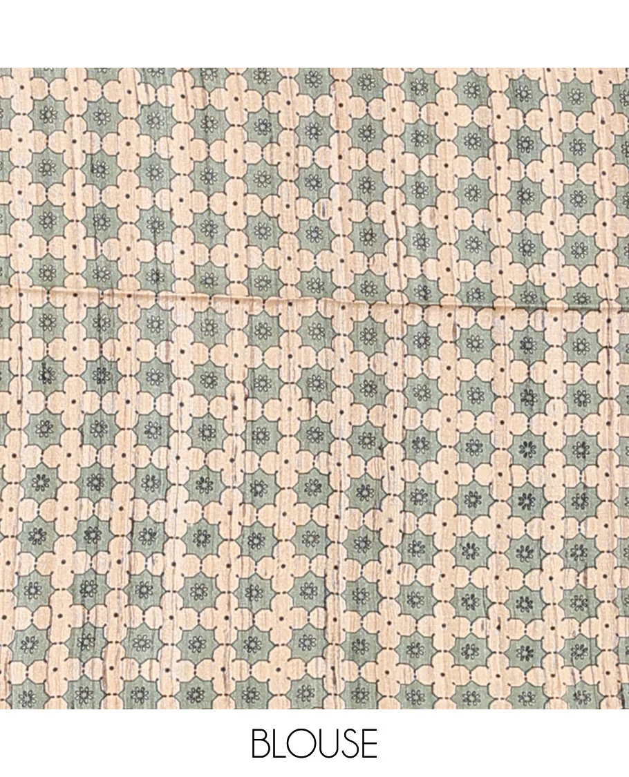 Pista green plain dupion saree, zari border, and contrast pallu of god and goddess figurines print - Image 4
