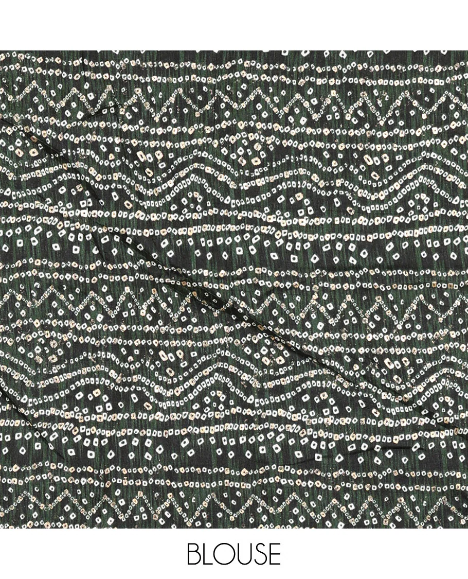 Pista green plain Vichitra silk saree, contrast bandhani printed with Swarovski micro-stonework border, and a contrast bandhani printed blouse - Image 4