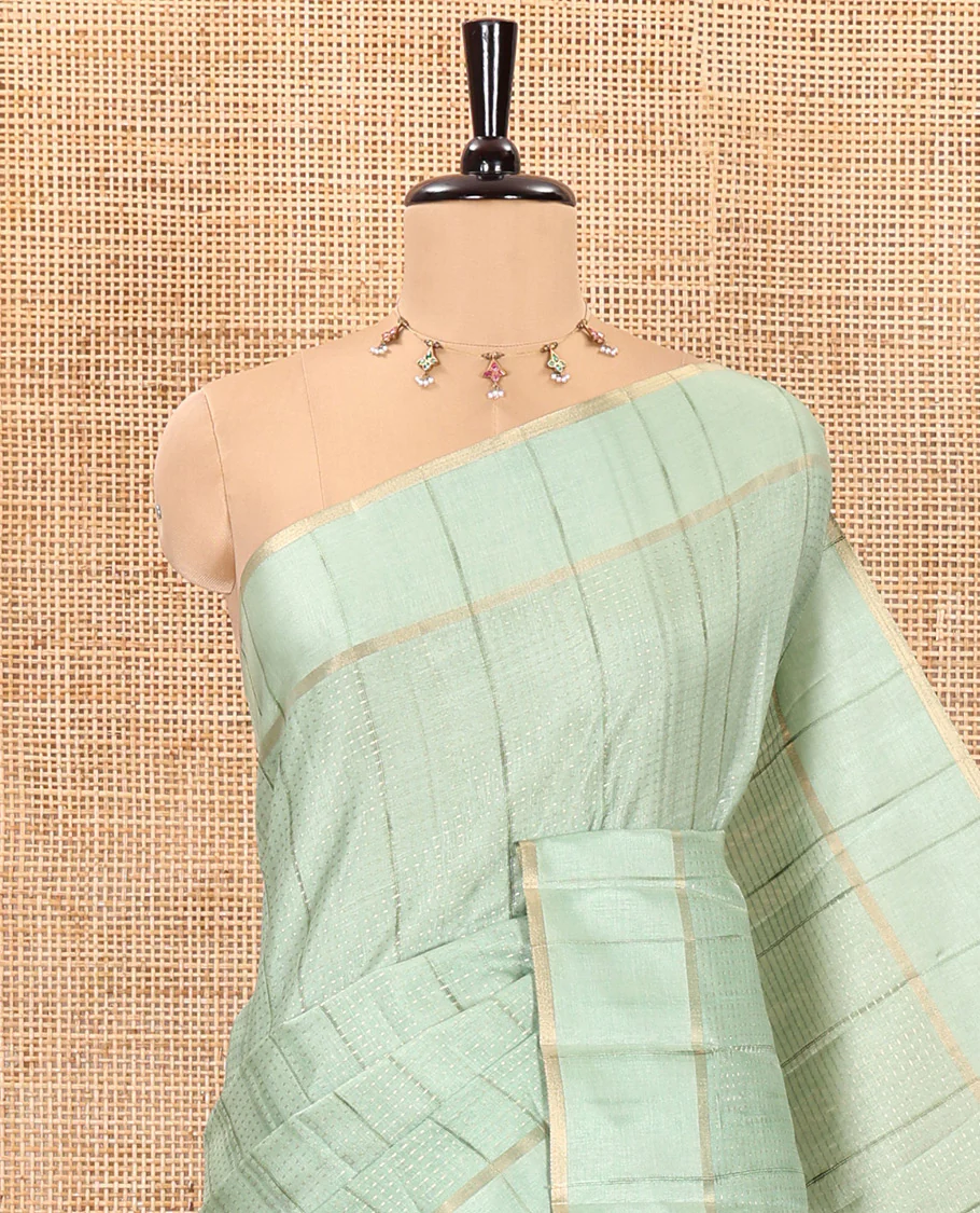 Pista green stripes woven fancy tussar saree, small bentex border, contrast dotted striped pallu, and a matching blouse - Image 2