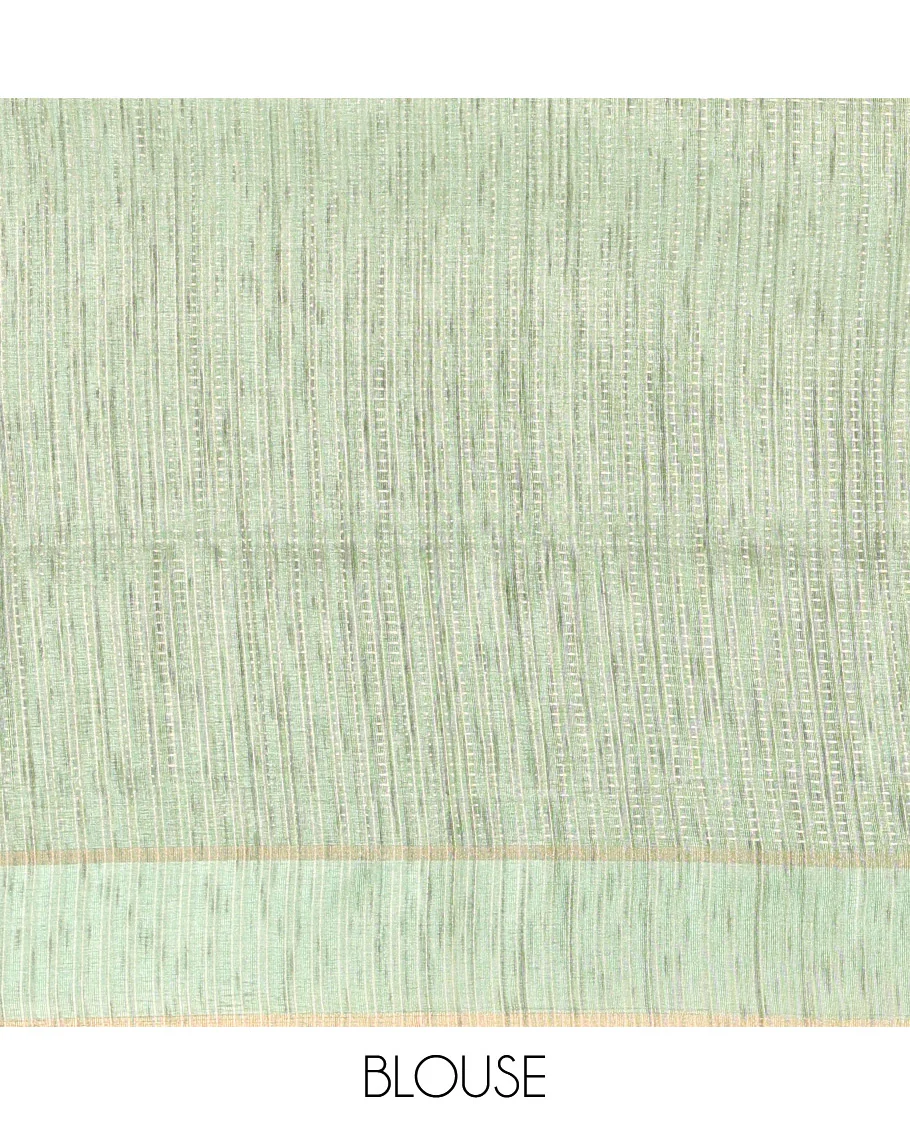 Pista green stripes woven fancy tussar saree, small bentex border, contrast dotted striped pallu, and a matching blouse - Image 3