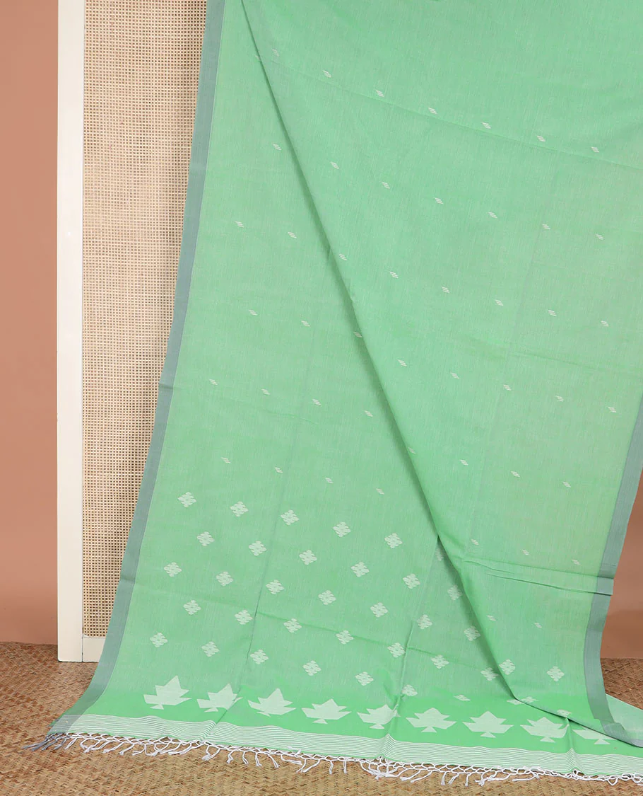 Pista green thread buttas Khadi cotton saree, contrast plain border, and pallu of geometric buttas - Image 2