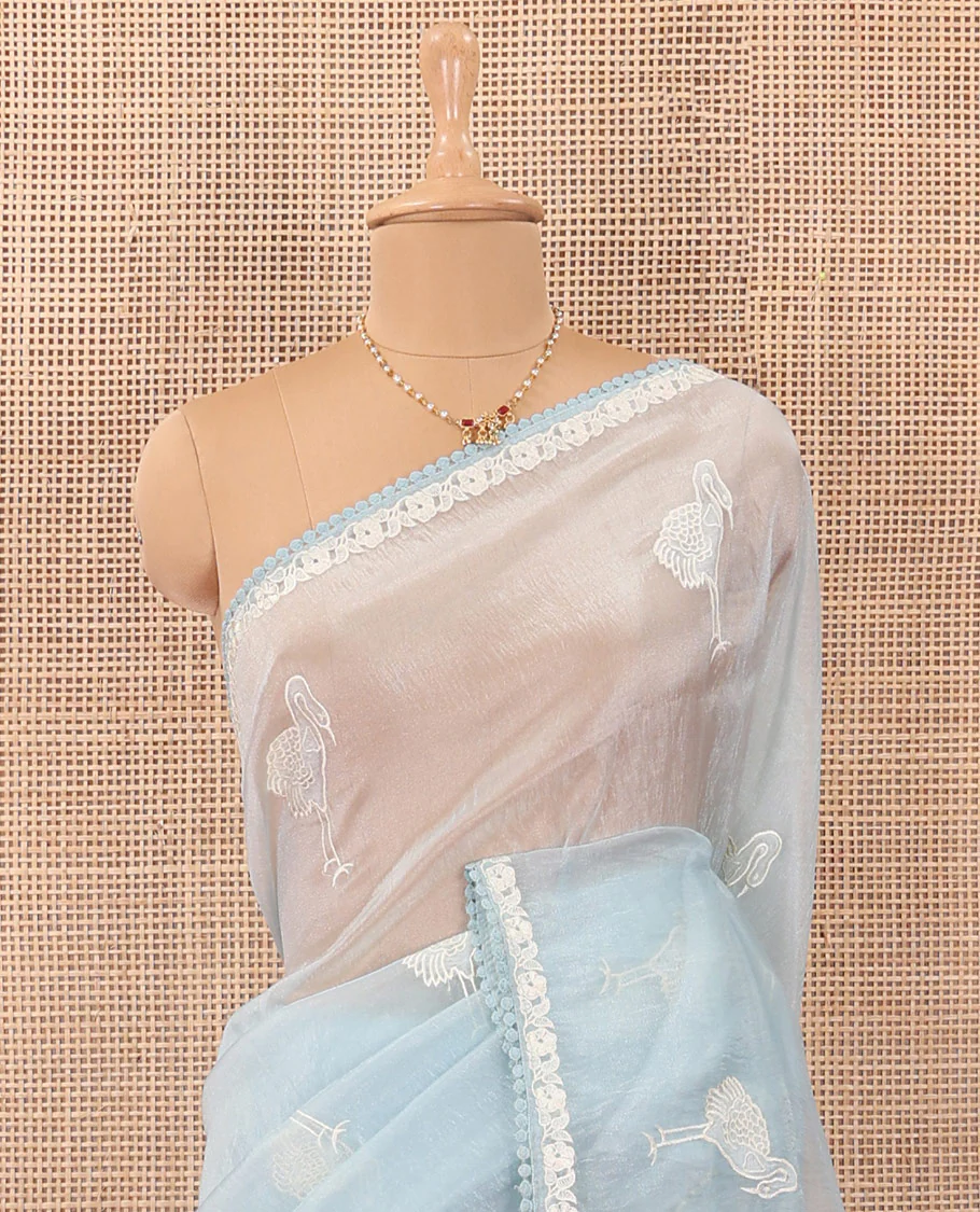 Powder blue flamingo motifs thread embroidered tussar saree, pom-pom lace border, and flamingo motifs thread embroidered pallu - Image 3