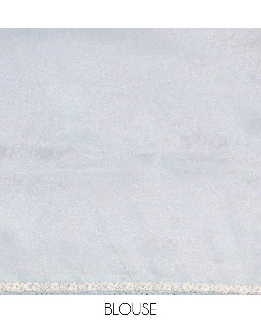 Powder blue flamingo motifs thread embroidered tussar saree, pom-pom lace border, and flamingo motifs thread embroidered pallu - Image 4
