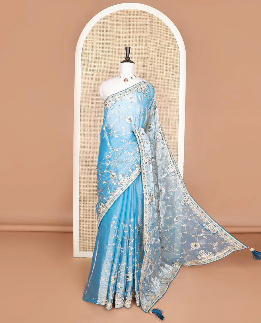 Powder blue floral vine gota patti embroidered designer saree, self-border of floral & paisley motifs in gota patti embroidery
