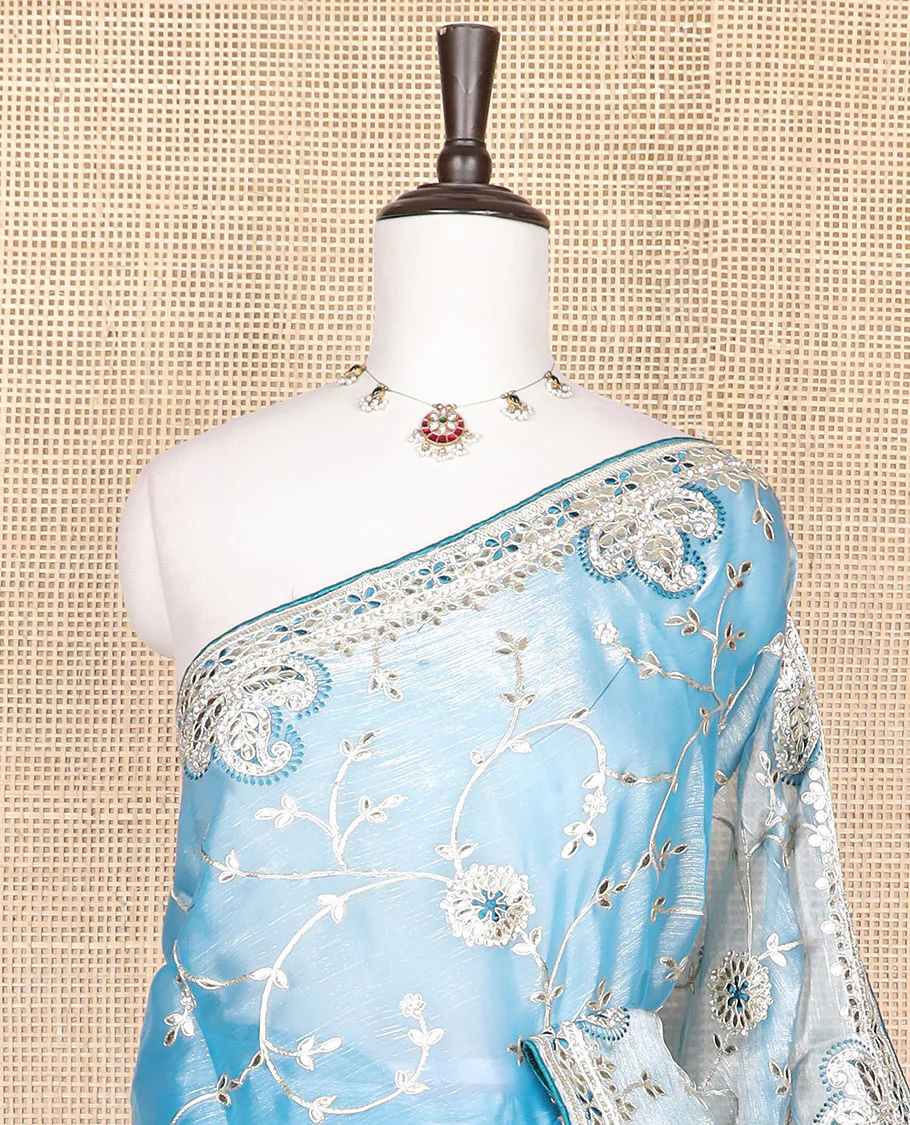 Powder blue floral vine gota patti embroidered designer saree, self-border of floral & paisley motifs in gota patti embroidery - Image 2