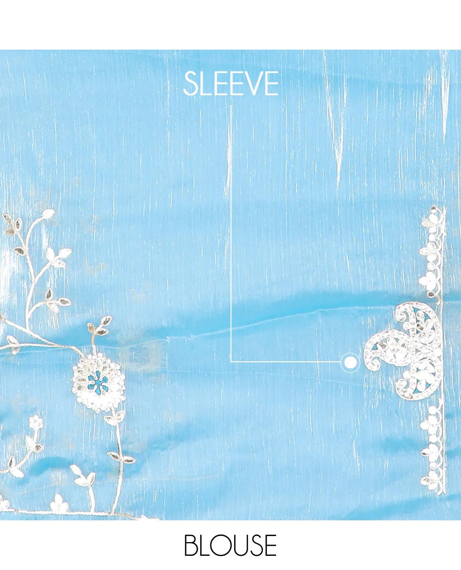 Powder blue floral vine gota patti embroidered designer saree, self-border of floral & paisley motifs in gota patti embroidery - Image 3
