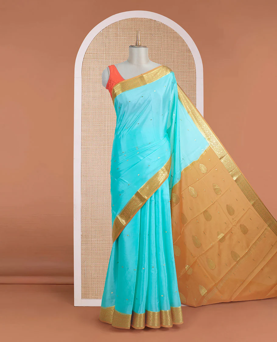 Powder blue zari buttas Mysore silk saree, contrast floral zari border, and zari design palllu - Image 2