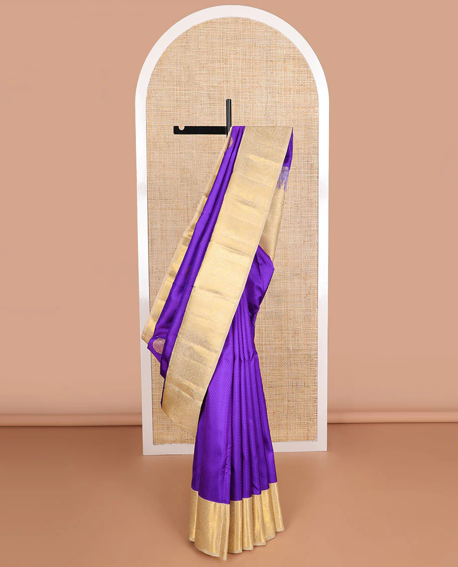 Purple jaal design Parampara silk saree with contrast korvai border of rekku, paun , banaras design & floral jaal design pallu
