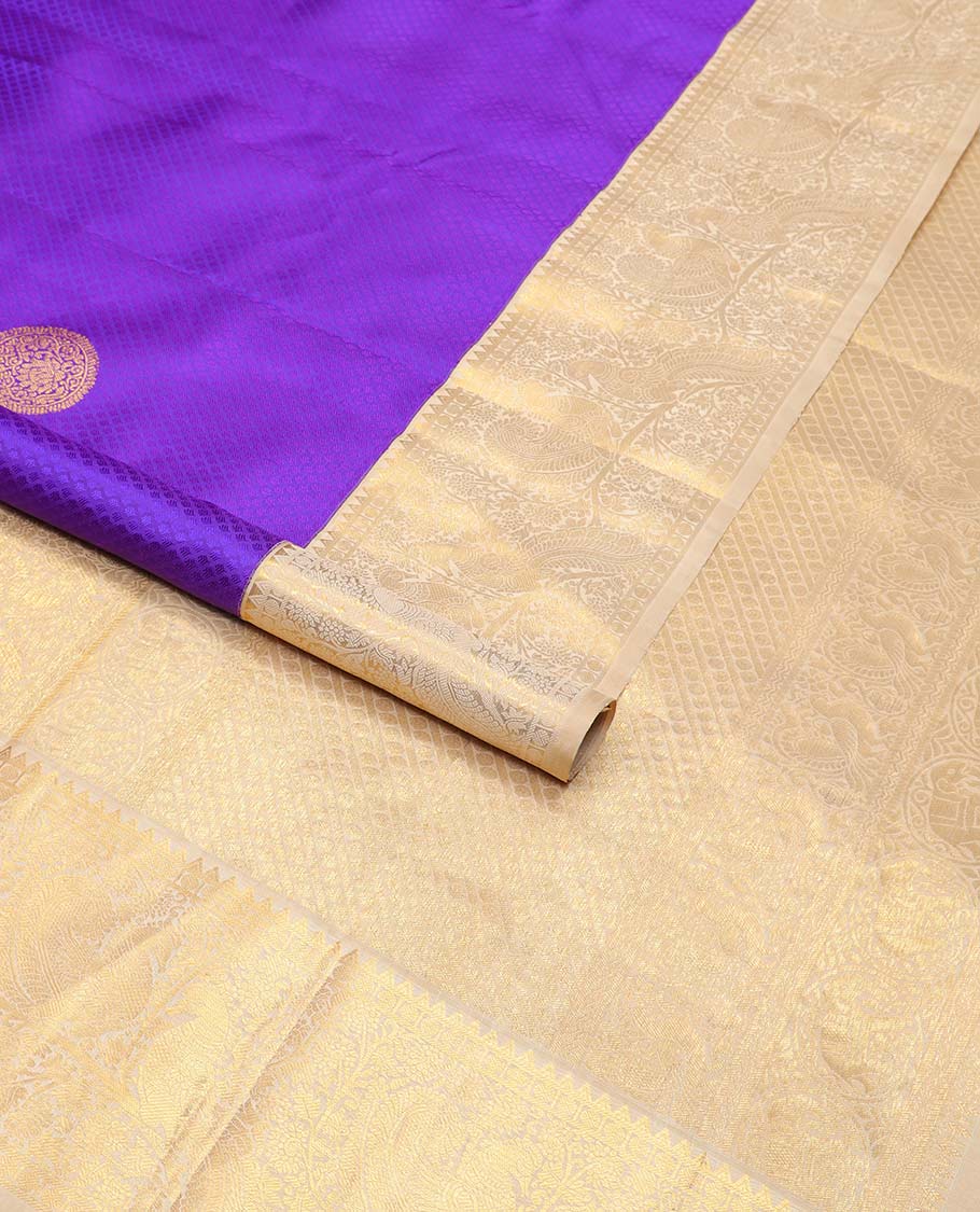Purple jaal design Parampara silk saree with contrast korvai border of rekku, paun , banaras design & floral jaal design pallu - Image 2