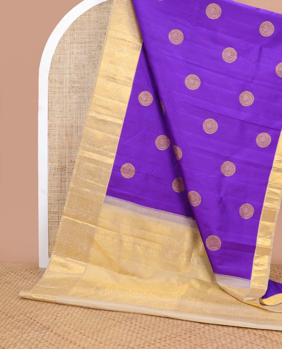 Purple jaal design Parampara silk saree with contrast korvai border of rekku, paun , banaras design & floral jaal design pallu - Image 3