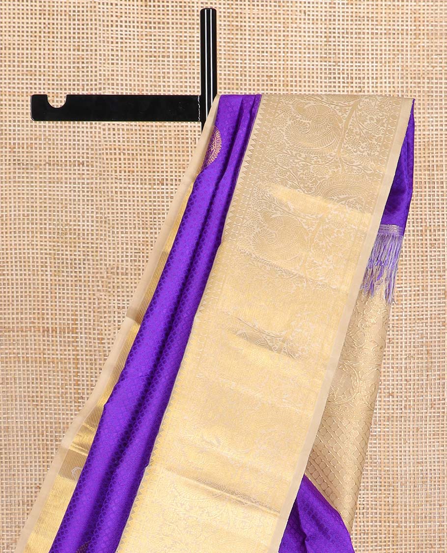 Purple jaal design Parampara silk saree with contrast korvai border of rekku, paun , banaras design & floral jaal design pallu - Image 4