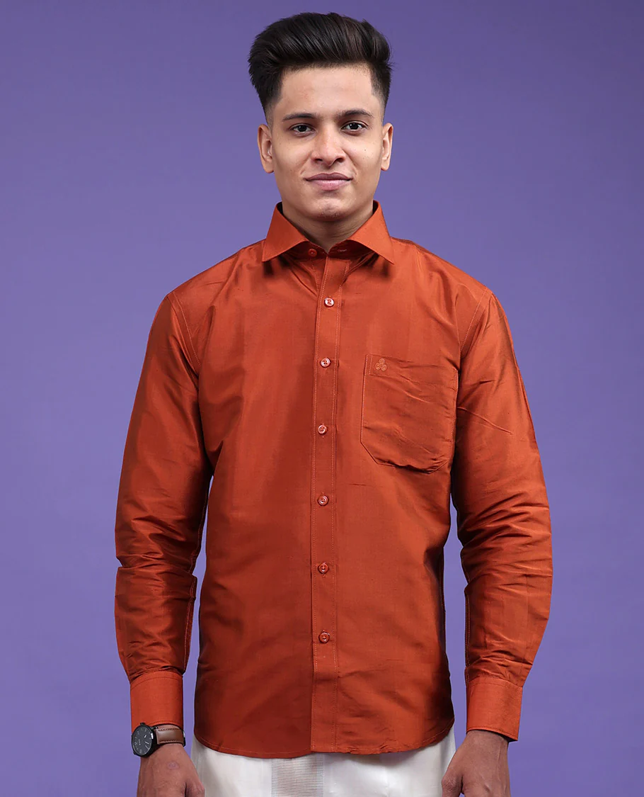Orange plain design full-sleeve pure-silk shirt - Image 19