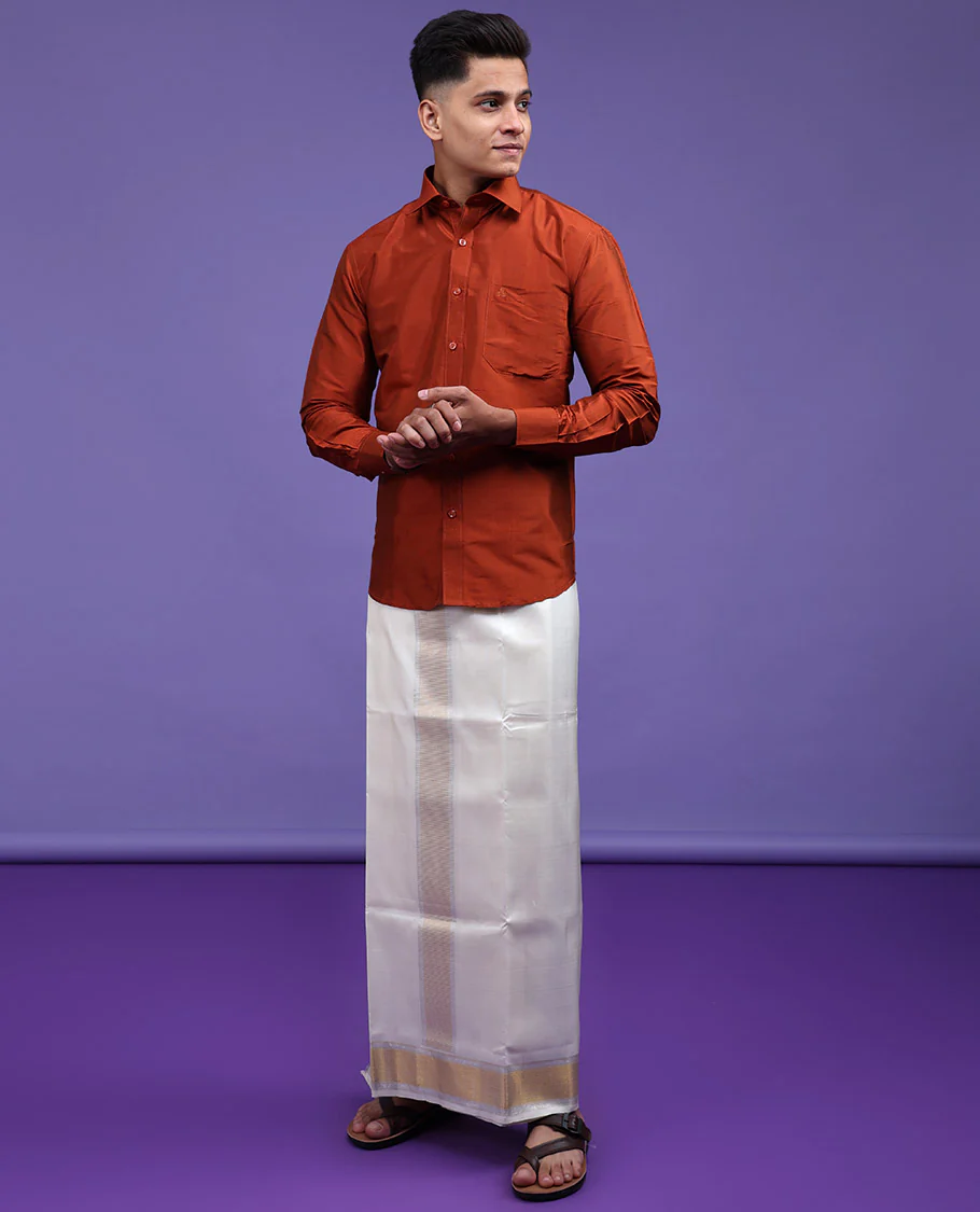 Orange plain design full-sleeve pure-silk shirt - Image 22