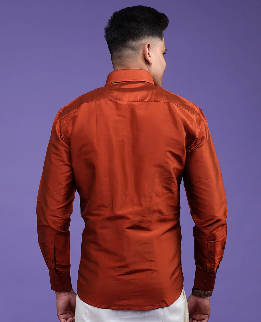 Orange plain design full-sleeve pure-silk shirt - Image 24