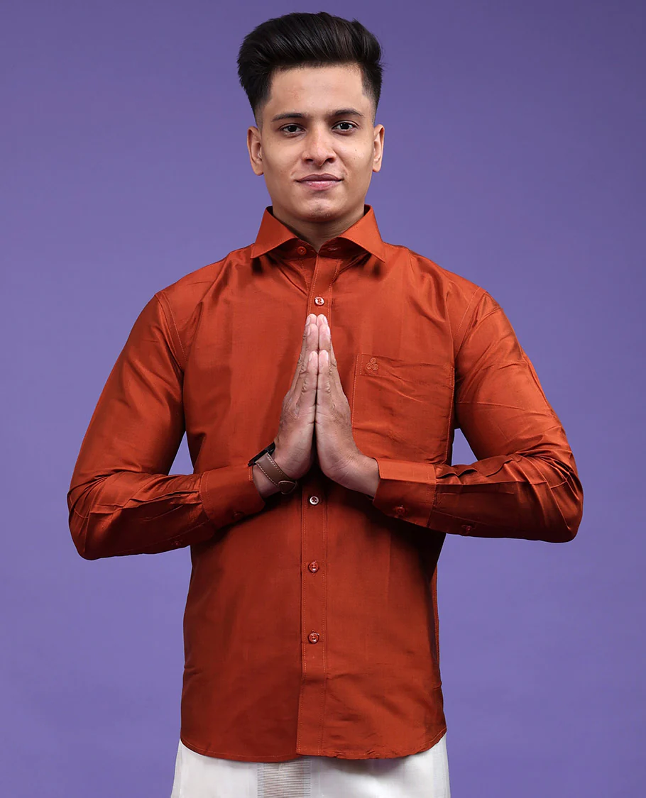 Orange plain design full-sleeve pure-silk shirt - Image 3
