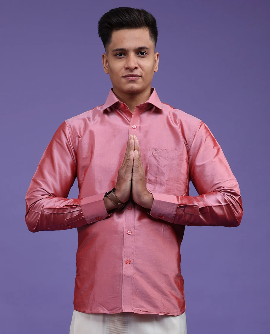 Pink plain design full-sleeve pure-silk shirt - Image 15
