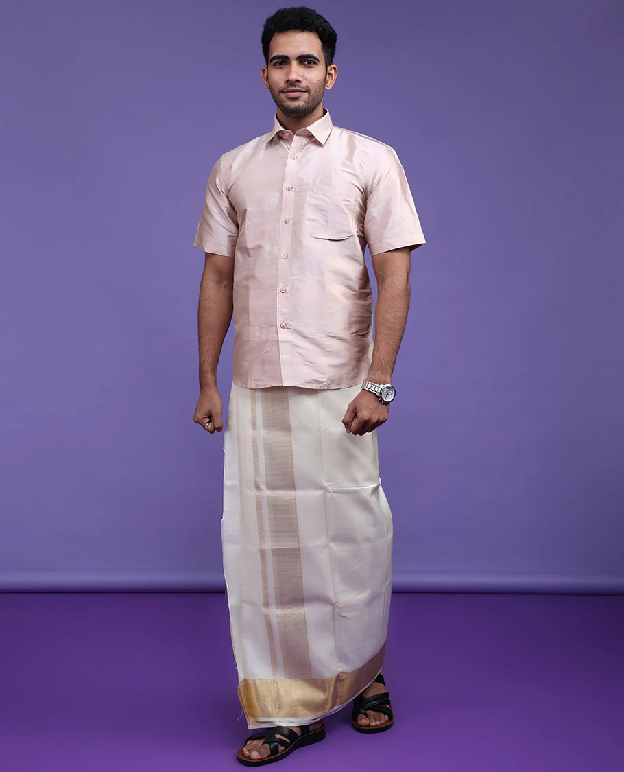 Cream plain design half-sleeve pure-silk shirt - Image 22