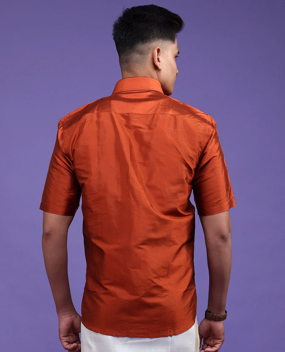 Orange plain design half-sleeve pure-silk shirt - Image 18