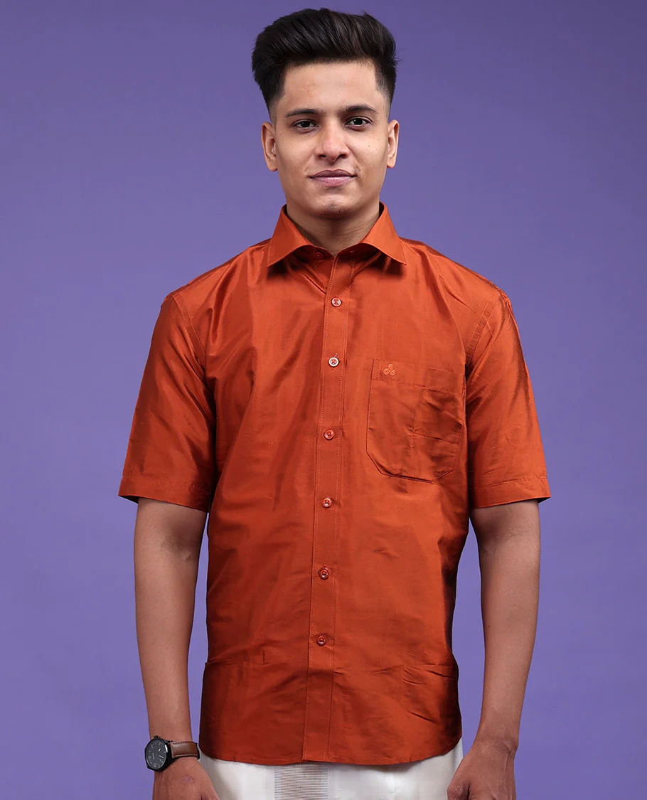 Orange plain design half-sleeve pure-silk shirt - Image 19