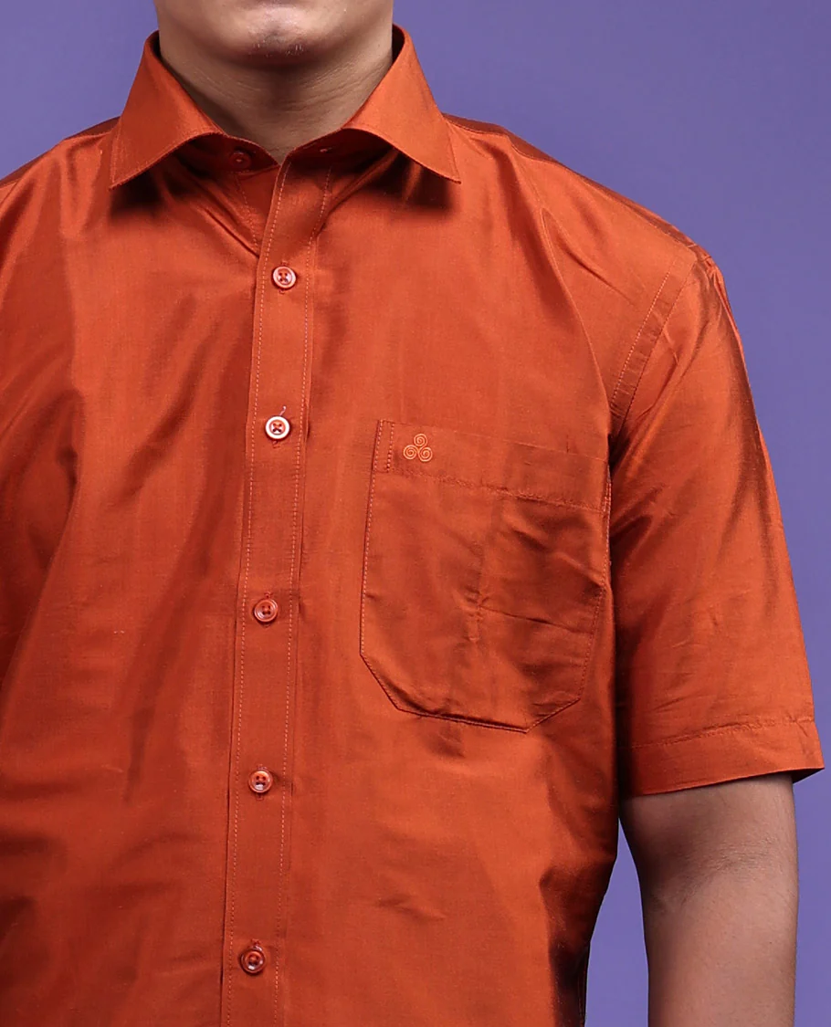 Orange plain design half-sleeve pure-silk shirt - Image 20