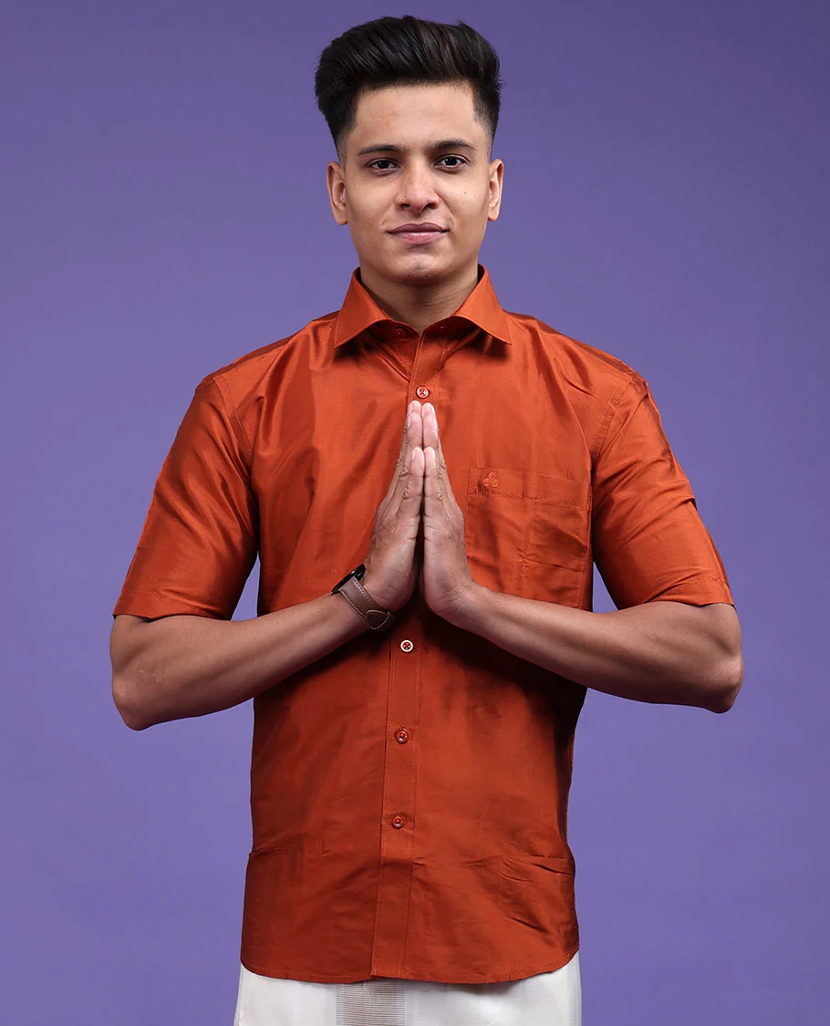 Orange plain design half-sleeve pure-silk shirt - Image 21
