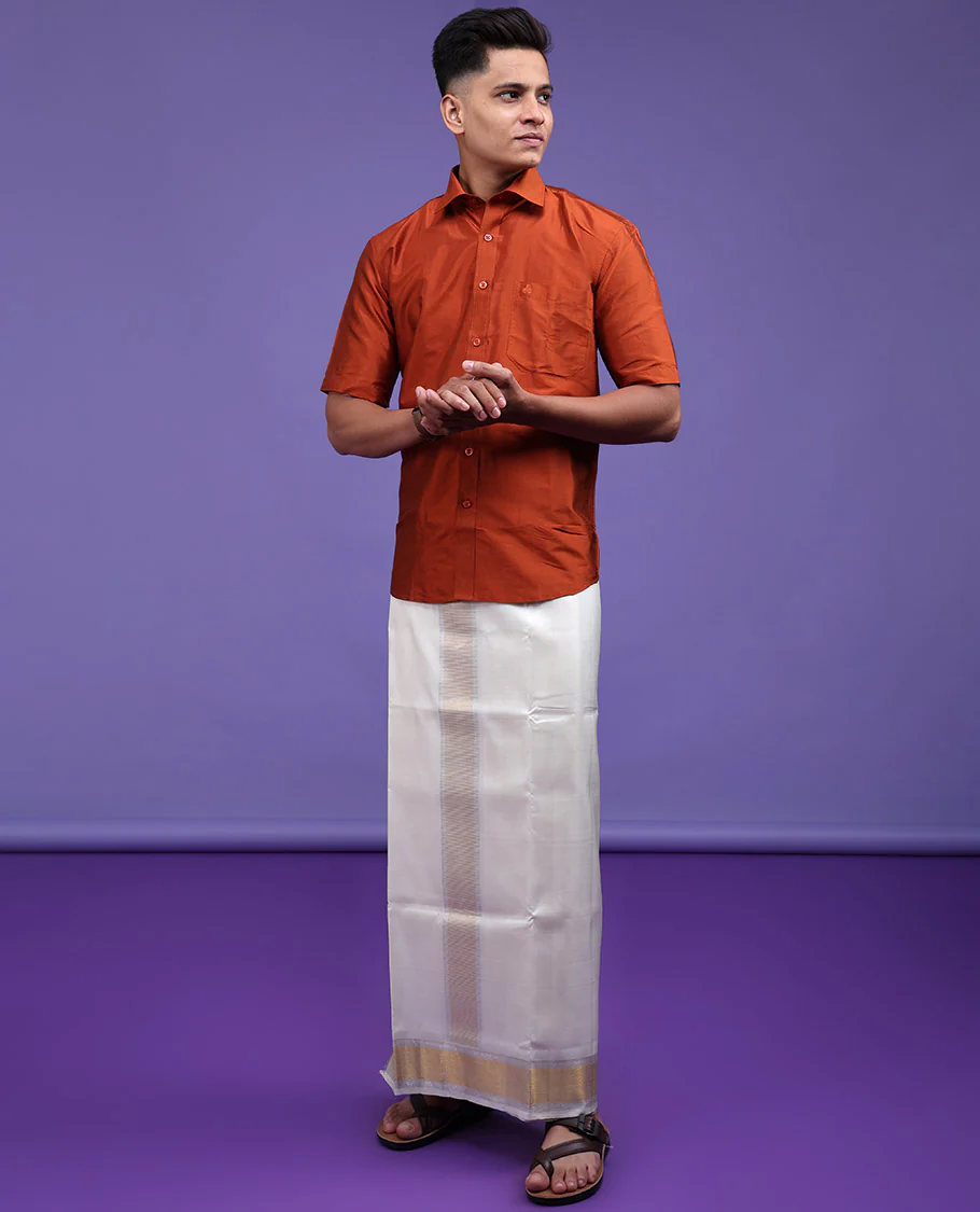 Orange plain design half-sleeve pure-silk shirt - Image 4