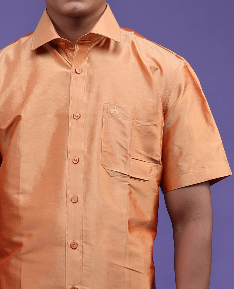 Marigold orange plain design half-sleeve pure-silk shirt - Image 20