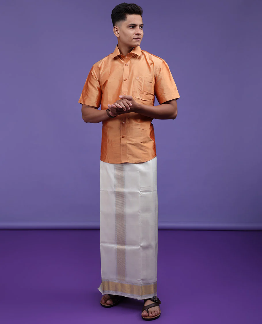 Marigold orange plain design half-sleeve pure-silk shirt - Image 22