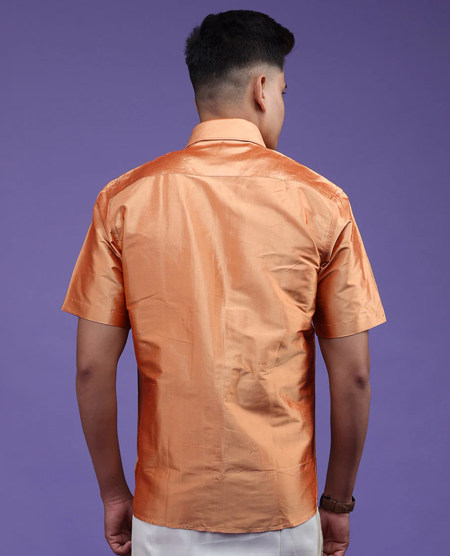 Marigold orange plain design half-sleeve pure-silk shirt - Image 24