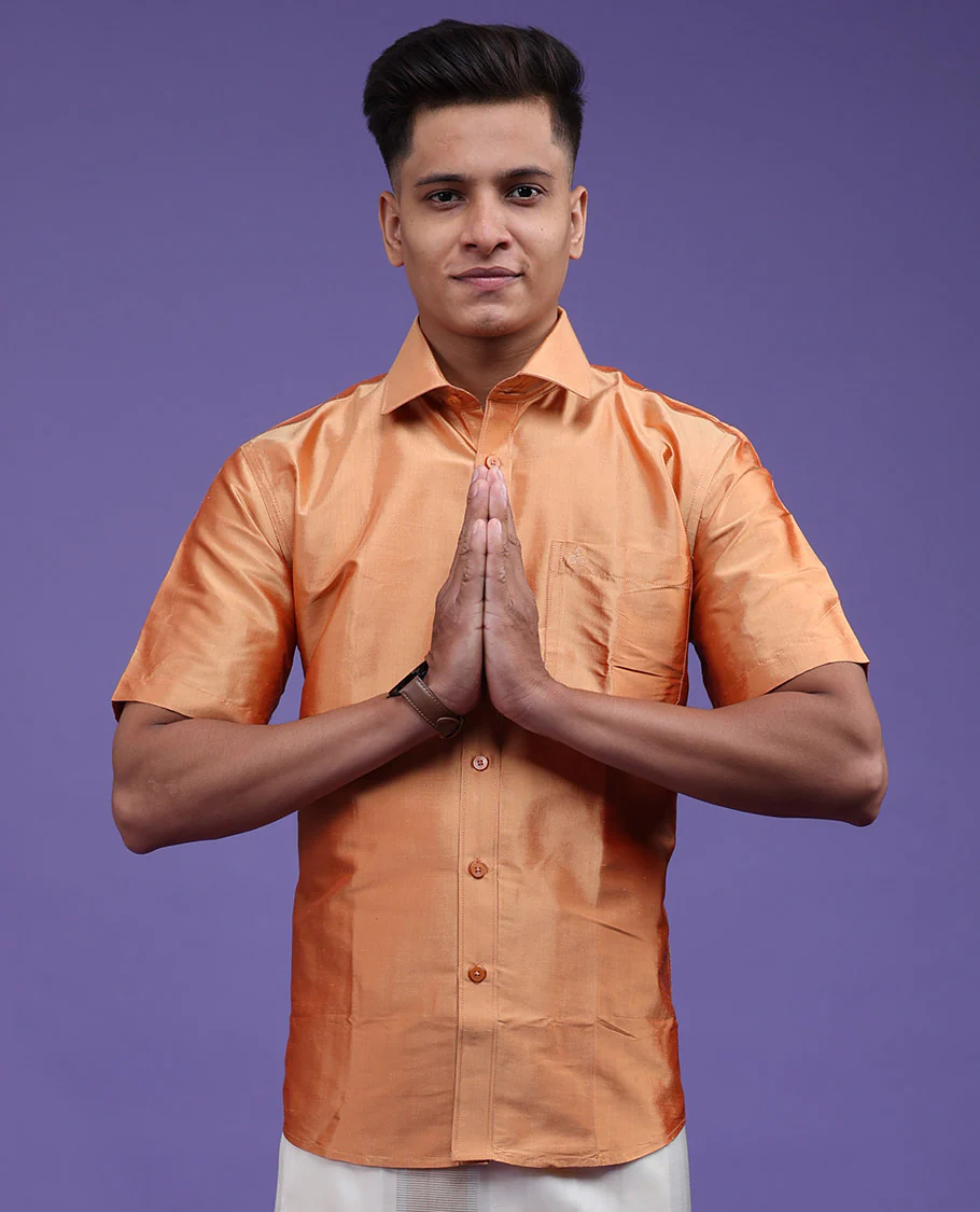 Marigold orange plain design half-sleeve pure-silk shirt - Image 3