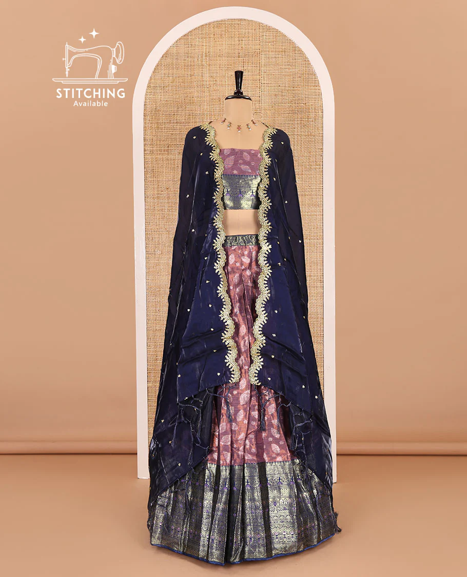 Purple and navy blue half-saree, leaf jacquard with contrast traditional bordered banarasi tissue skirt, a matching blouse, and a contrast scallop embroidered fendi organza dhavani - Image 2