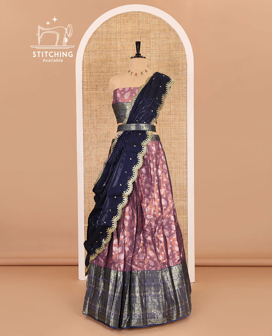 Purple and navy blue half-saree, leaf jacquard with contrast traditional bordered banarasi tissue skirt, a matching blouse, and a contrast scallop embroidered fendi organza dhavani - Image 3