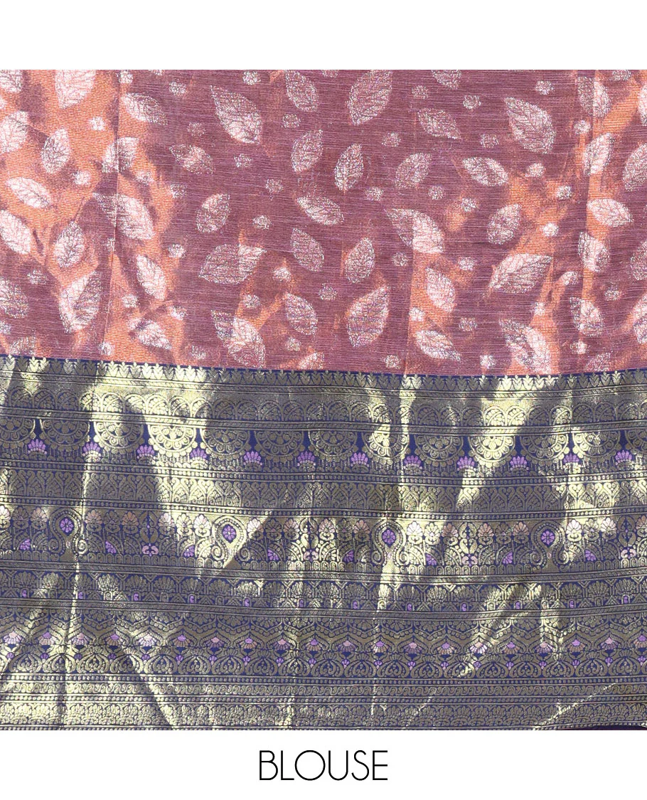 Purple and navy blue half-saree, leaf jacquard with contrast traditional bordered banarasi tissue skirt, a matching blouse, and a contrast scallop embroidered fendi organza dhavani - Image 4