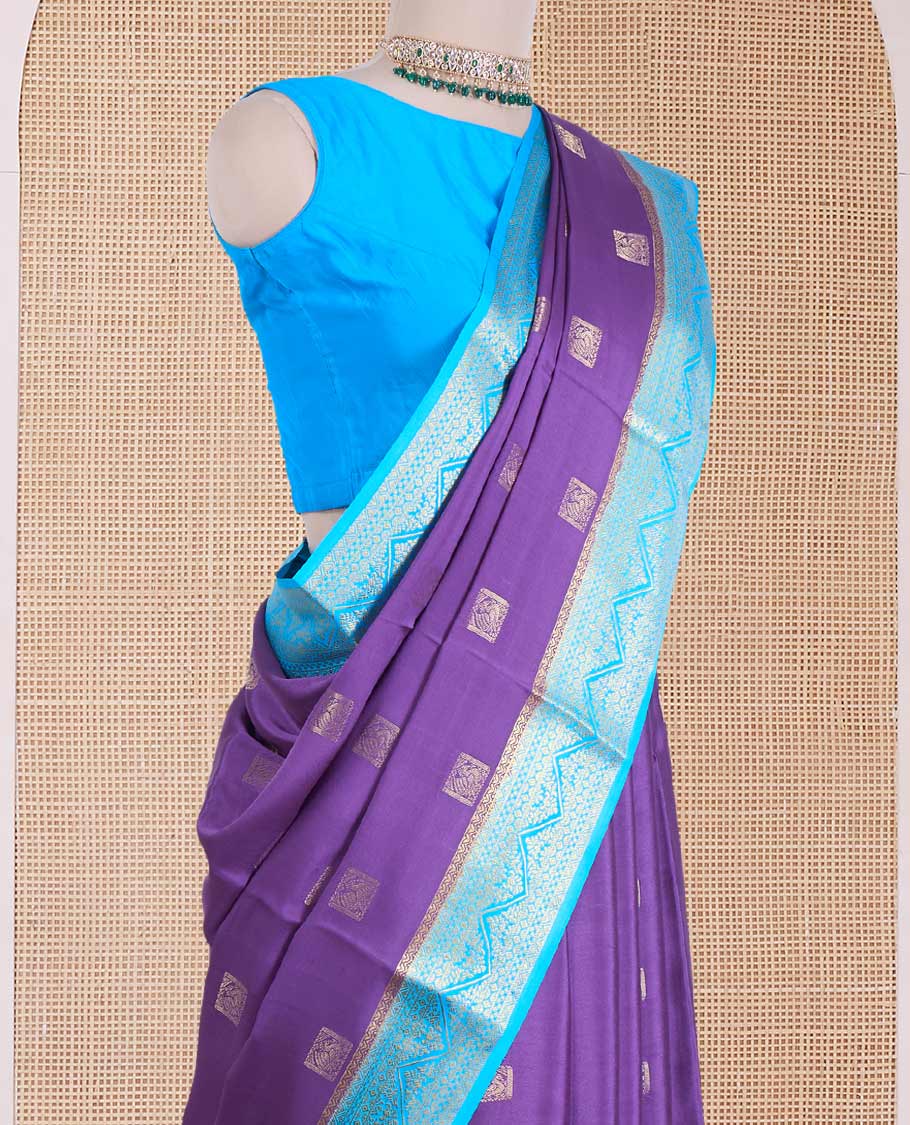 Purple animal buttas Mysore silk saree, contrast traditional zari design border, and zari design pallu - Image 3