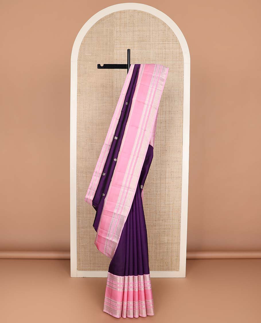 Purple annam chakram buttas Kanchipuram silksaree, contrast rettai pettu traditional zari border, and pallu steeped with traditional motifs - Image 3