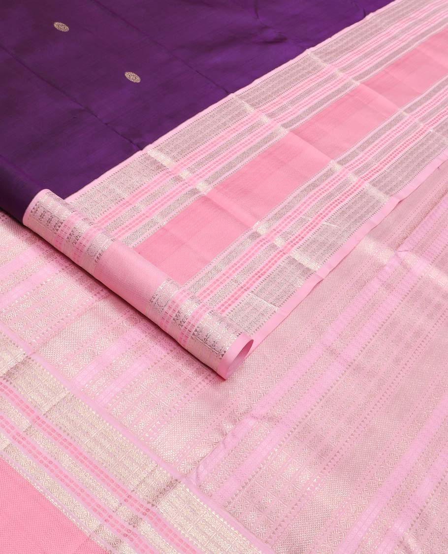 Purple annam chakram buttas Kanchipuram silksaree, contrast rettai pettu traditional zari border, and pallu steeped with traditional motifs - Image 4
