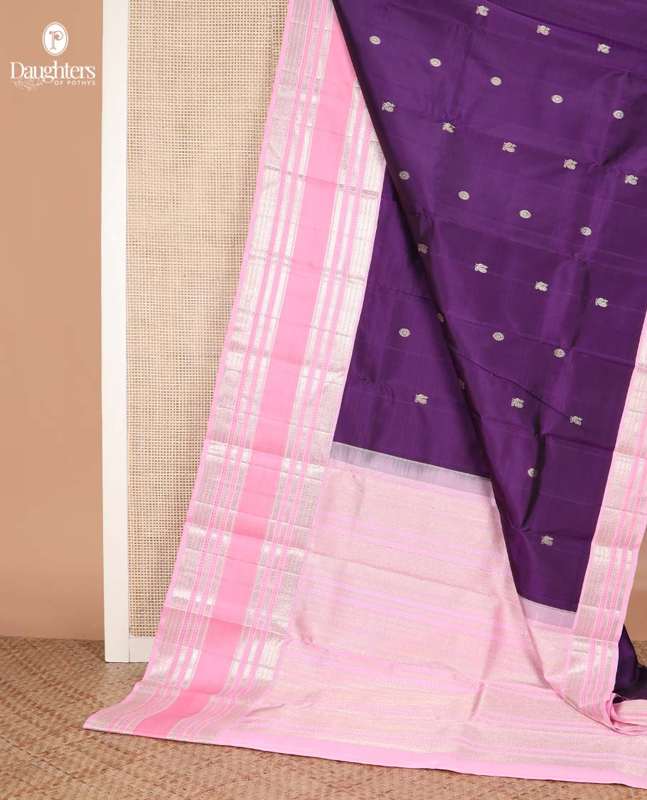 Purple annam chakram buttas Kanchipuram silksaree, contrast rettai pettu traditional zari border, and pallu steeped with traditional motifs - Image 5