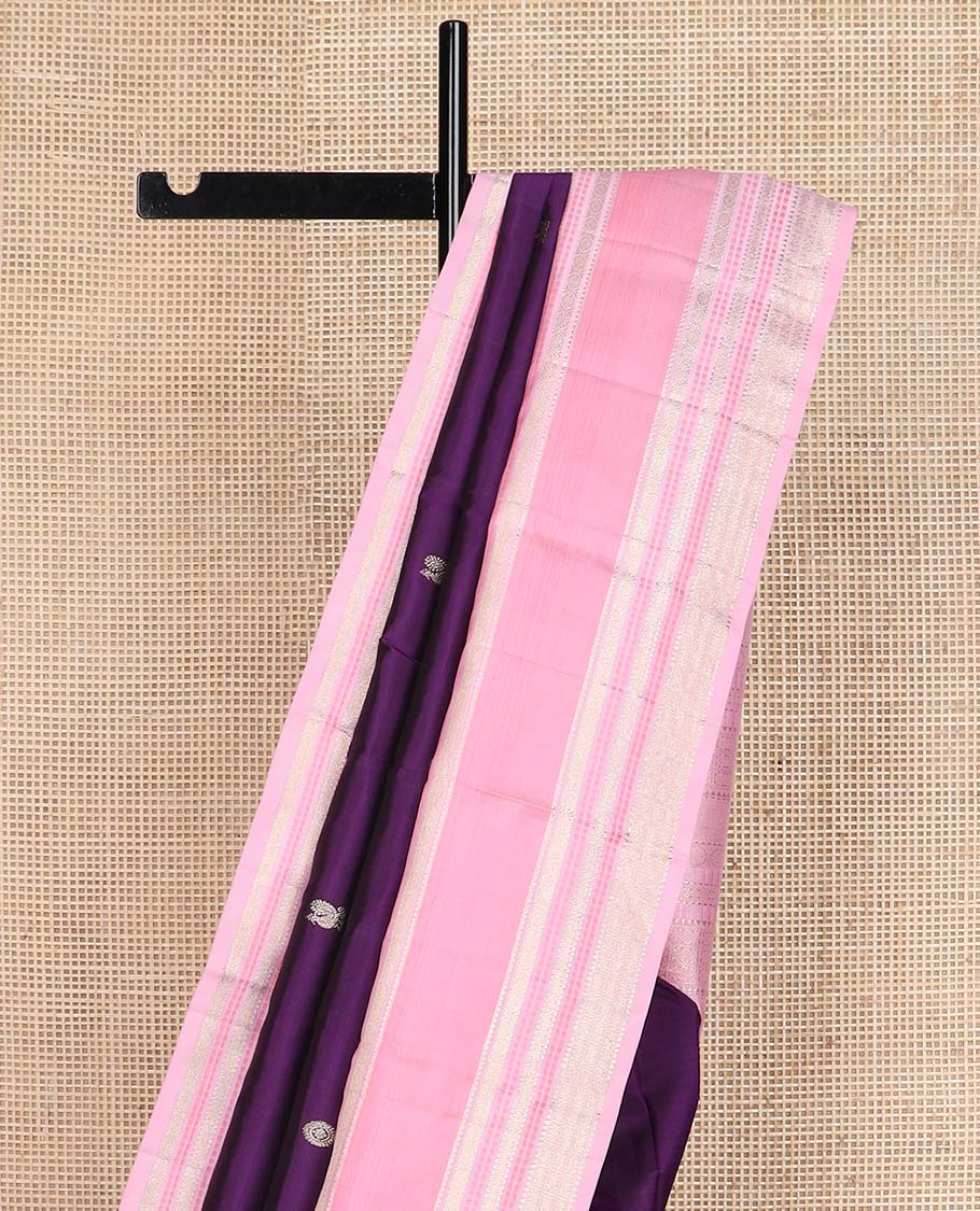 Purple annam chakram buttas Kanchipuram silksaree, contrast rettai pettu traditional zari border, and pallu steeped with traditional motifs - Image 6