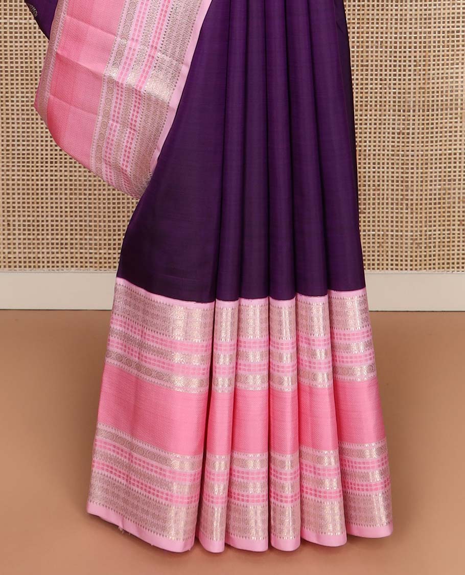 Purple annam chakram buttas Kanchipuram silksaree, contrast rettai pettu traditional zari border, and pallu steeped with traditional motifs - Image 7