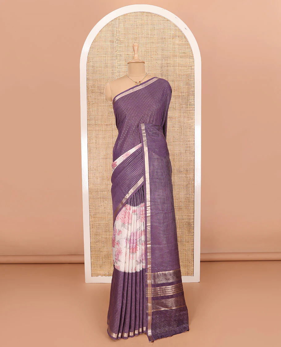 Purple Assam Silk Saree Graced with Micro-Checks and Floral Prints, Featuring a Simple Piping Border, Subtly Woven Pallu with Zari Stripes, Paired with a Matching Checked Blouse - Image 2
